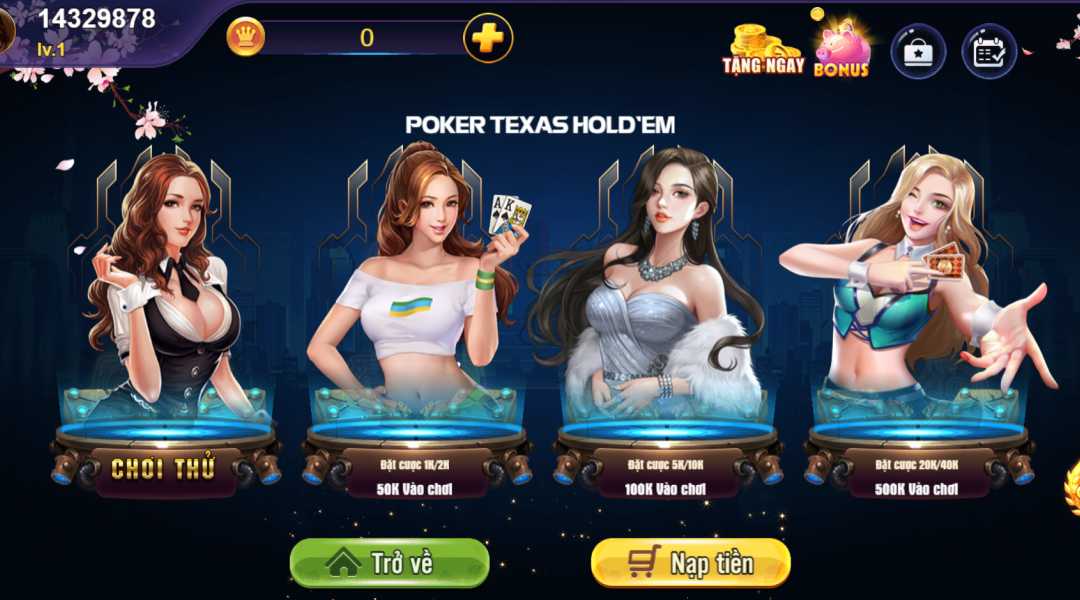 Sảnh Poker Texas Hold’em đa dạng mức cược